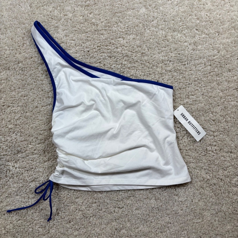 Out From Under Urban Outfitters One Shoulder Ruched Tank Top White Blue Sz S NWT - Picture 1 of 10
